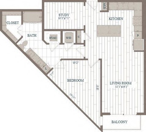 Floor plan for 1 bed, 1.5 baths, 895 sqft